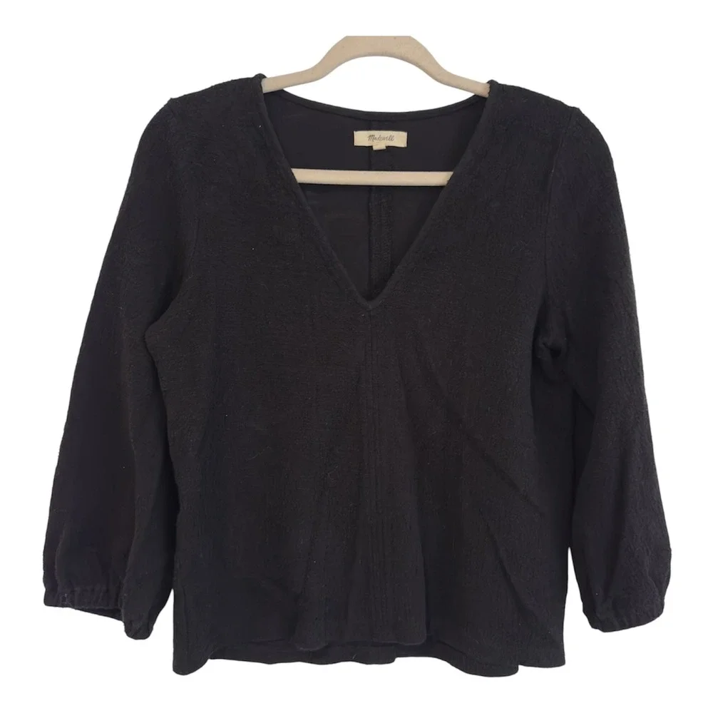 Madewell Womens Black Textured Cotton V-Neck 3/4 Sleeve Top‎ Small CKP453300000